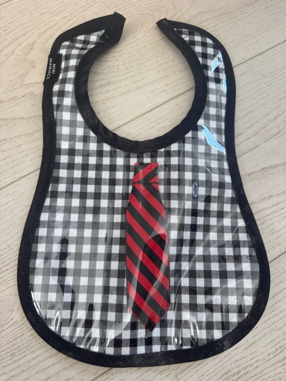 Kids Waterproof Gingham Bib with Red Striped Tie Accent